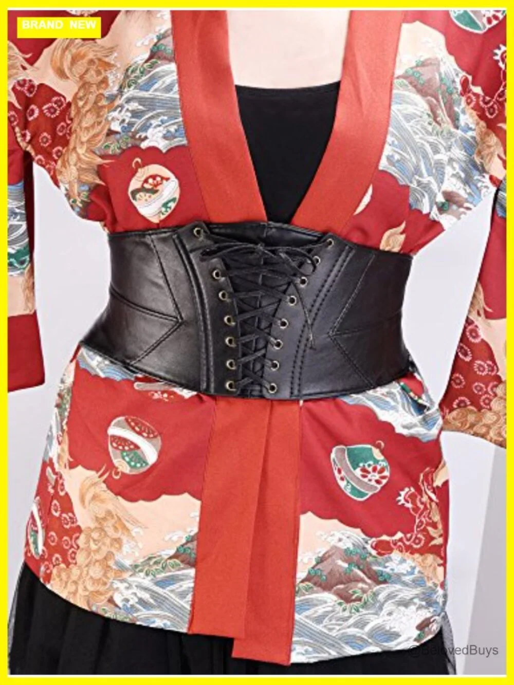 Wide Elastic Leather Corset Waist Belt with Metal Rings for Cosplay